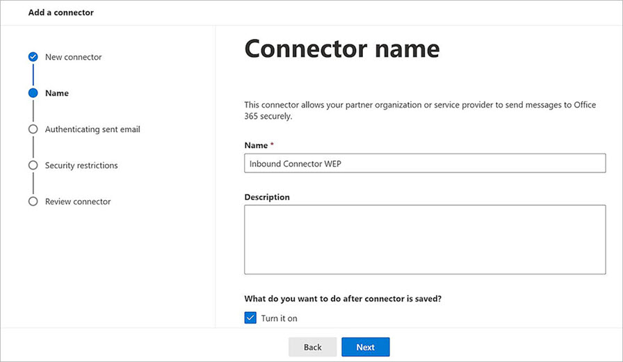 Screenshot of the Microsoft 365 Connector name page
